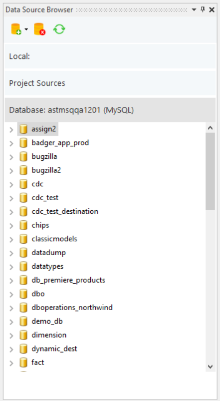 List of database source connections in Astera