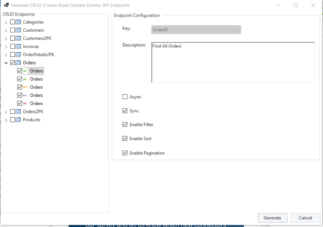 Choosing tables for API generation in Astera.